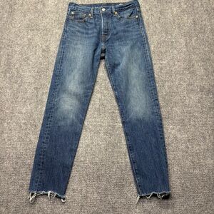 Levis Jeans Womens 28x27 Blue 501 S White Oak Cone Denim Raw Hem Button Fly